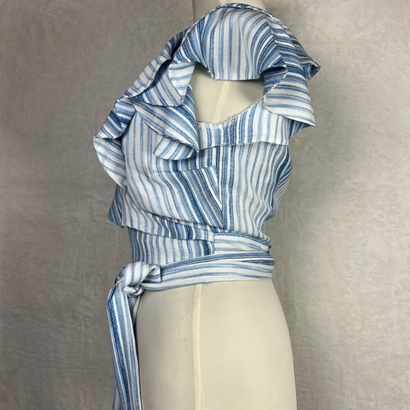 Misa Los Angeles Marah Blue White Stripe Ruffle Wrap Crop Linen Modal Top Blouse - Picture 5 of 16